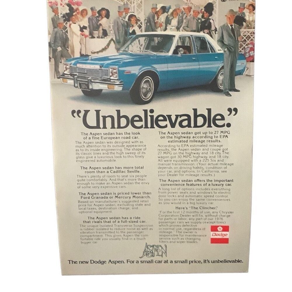 Vintage 1976 Dodge Aspen Unbelievable Ad Advertisement